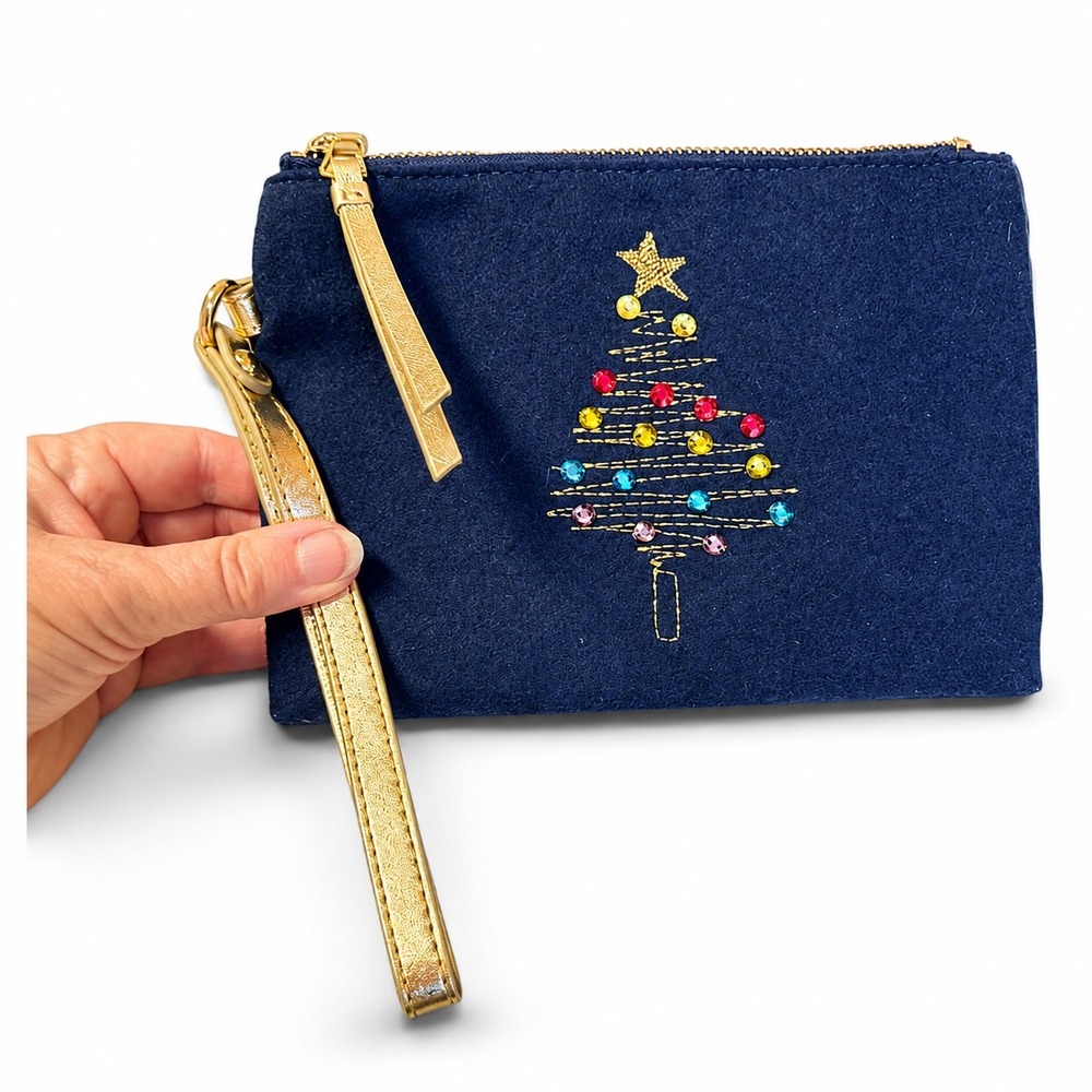 Talbots Navy Blue Velvet Christmas Tree Rhinestone Wristlet Bag Gold Accents